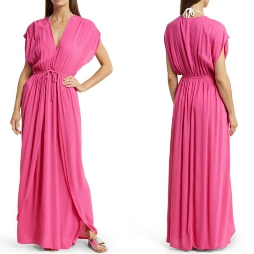 Elan Deep V-Neck Wrap Maxi Coverup Dress Pink Small NWT